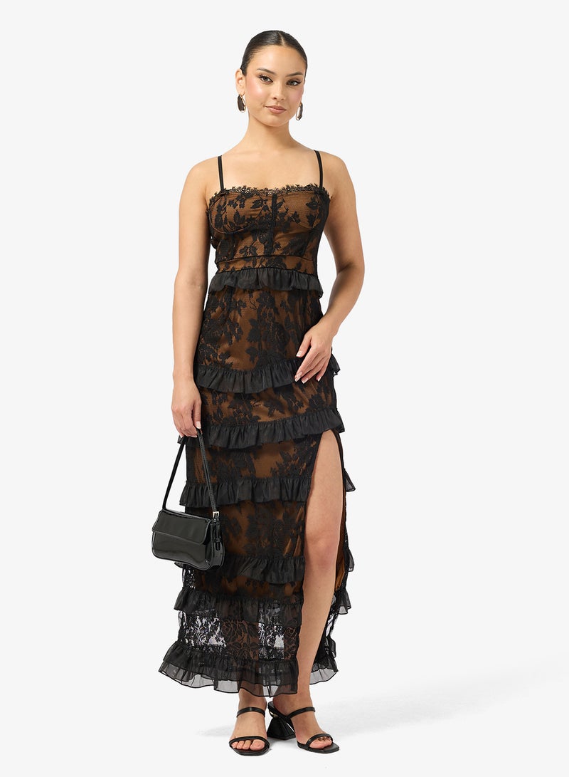 Ginger Strappy Lace Detail Tiered Ruffle Dress - Image 1